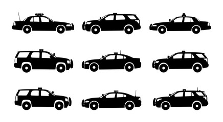 Police Car Silhouettes, Law Enforcement Vehicle Icons, Emergency Service Vector Set © Dhriti