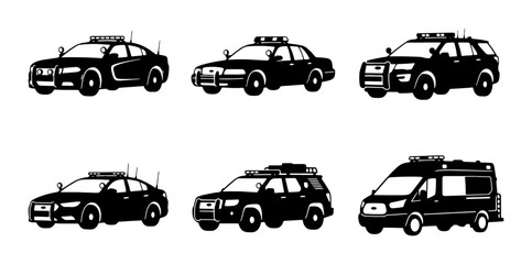 Police Car Icons Set, Law Enforcement Vehicles Vector Collection, Emergency Service Cars © Dhriti