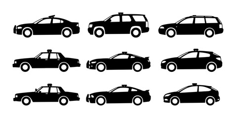 Police Car Icons, Law Enforcement Vehicles, Black Silhouette Set, Patrol Cars, Sedan, SUV © Dhriti