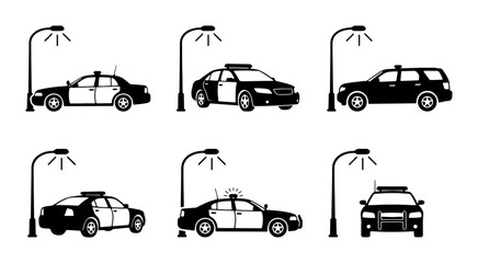 Police Car Icons, Law Enforcement Vehicles, Patrol Cars, Security Service Vector Set © Dhriti