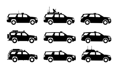 Fototapeta premium SUV Vehicle Icons Set, Black Silhouette Transport Collection, Modern Automotive Design Elements