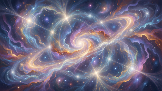 Abstract artistic representation of a swirling spiral galaxy in deep space with glowing stars and colorful nebulae.