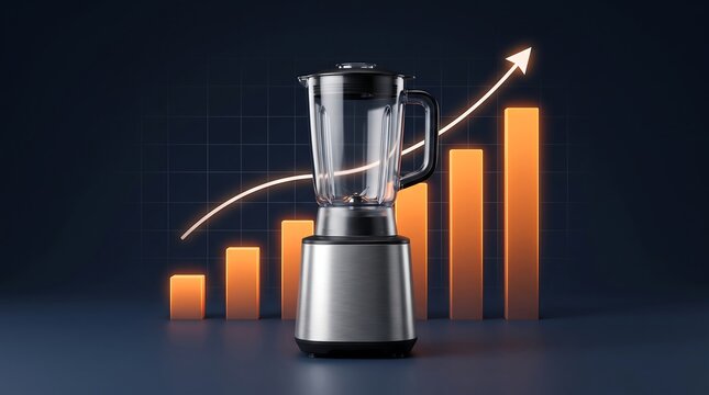 Professional kitchen blender on reflective surface with glowing financial growth chart depicting rising cost of living and electric appliances