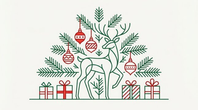 Minimalist christmas tree with reindeer, ornaments and gifts, isolated on white background