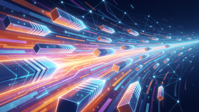 Abstract digital background with glowing neon arrows representing high speed data transmission and connectivity.