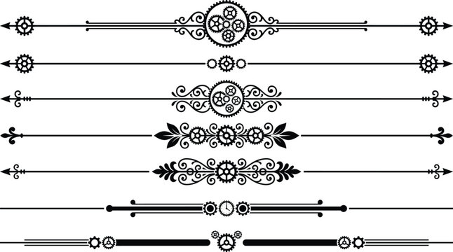 Steampunk black divider borders with gears and clocks for industrial gothic book designs.