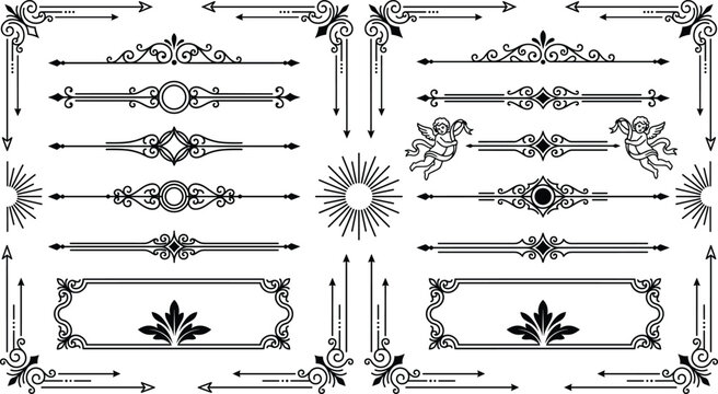 Vintage black corner borders and calligraphic frame dividers for elegant certificate layout.