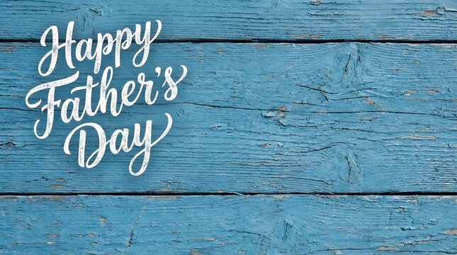 A textural background featuring blue wood with a beautiful white calligraphy script reading "Happy Father's Day." Perfect for greeting cards patterns and holiday designs. happy father day white