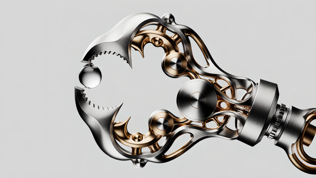Futuristic mechanical claw holding a small glowing sphere in a studio setting.