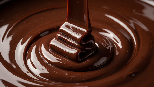 Close up view of smooth liquid dark chocolate pouring down into a bowl.