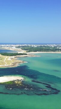 Vertical 9:16 aerial video showing the Pointe du Conguel and Ilot de Toul Bihan at Quiberon, Brittany, France.