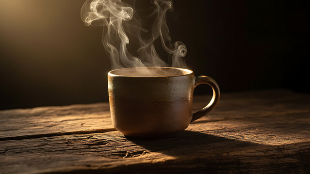 Steaming cup of hot coffee on a dark wooden table