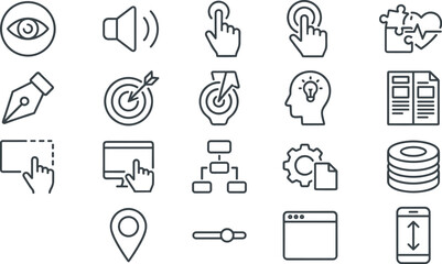 Fototapeta premium Minimalist black and white web interface icons pack featuring thin line art vector symbols of marketing targets data organization user touch actions and system settings