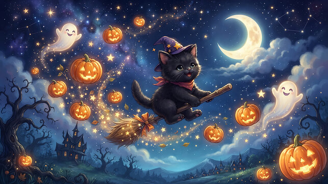 Cute black cat flying on a magic broomstick with glowing pumpkins and ghosts