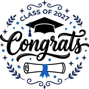 Congrats class of 2027 vector illustration featuring a graduation cap and diploma scroll design with elegant blue decorative laurel elements
