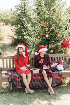 Christmas in July with happy children enjoying gingerbread cookies and hot cocoa outdoors, wearing Santa hats beside decorated Christmas tree in sunny summer garden.