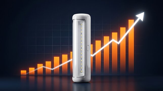 Portable rechargeable LED light bar with rising financial growth chart showing increased energy and electric product market pricing trends
