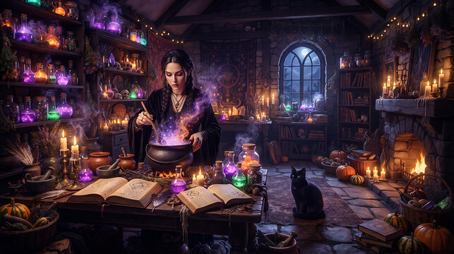 Witch brewing magic potion in her cozy wooden cottage surrounded by spell books
