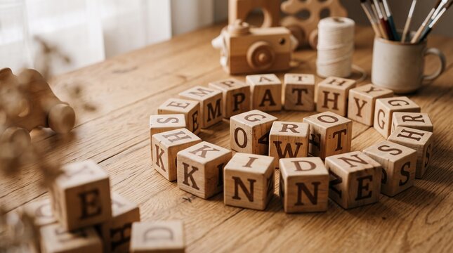 Wooden Alphabet Blocks Forming Words Kindness Empathy Growth on Table
