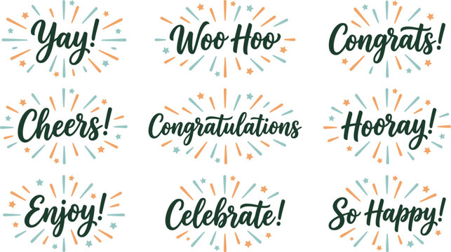 Decorative vector typography collection featuring cheerful celebratory text phrases with colorful starburst elements suitable for various festive party graphic designs