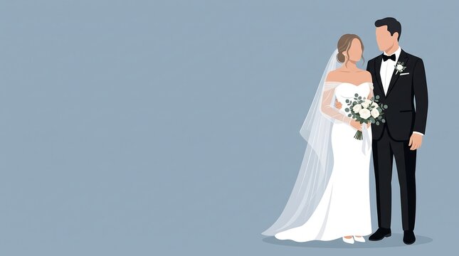 Elegant vector illustration of a bride and groom embracing on their wedding day against a blue backdrop