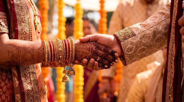 Indian wedding ceremony with hands joined in marriage ritual adorned with henna and gold bracelets