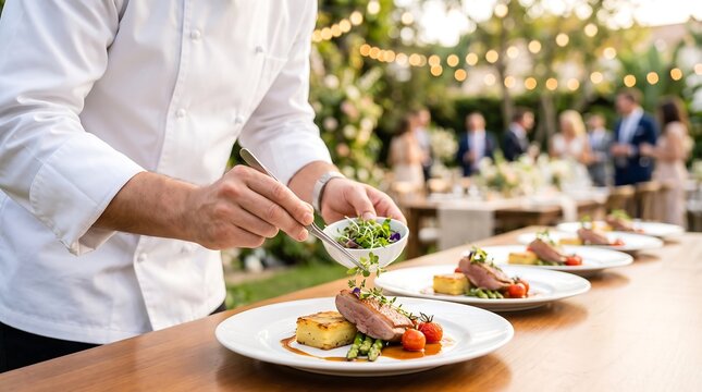 Professional chef plating gourmet food for an outdoor event with guests in the background