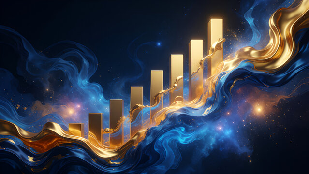 Abstract financial growth chart with golden bars and flowing blue and gold liquid smoke background.