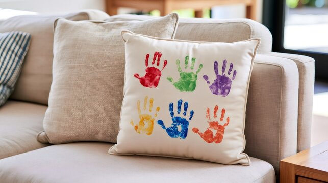 Sofa cushion displaying colorful child handprints at home