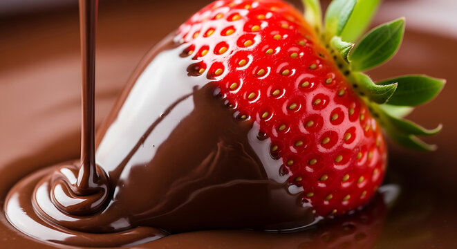 Fresh red strawberry dipped in liquid milk chocolate