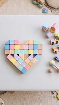 Colorful wooden blocks arranged in heart shape on light surface