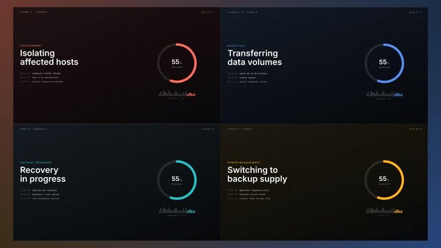 Network operations screens on dark background, four panel split screen with circular progress rings, cyber security and data migration event logs, incident response motion graphic