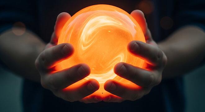 Hands holding a glowing orange energy ball of light