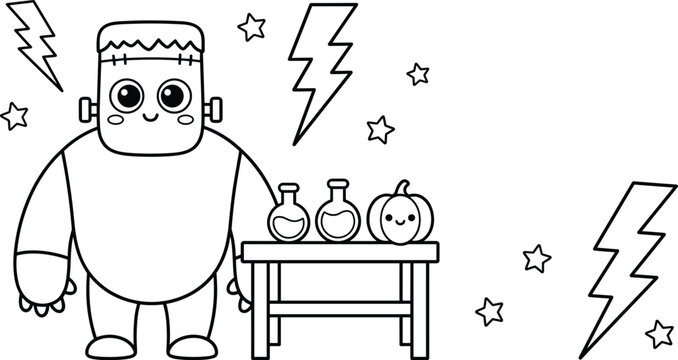 Cute frankenstein monster with potions coloring page for kids halloween activity sheets