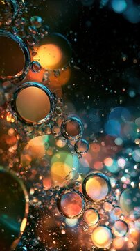 Colorful bubbles drift slowly in oil and water with a backlit glow against a dark background, creating a mesmerizing effect.