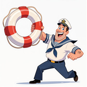 Vibrant cartoon illustration of a cheerful sailor throwing a giant life preserver on a clean white background with a wide grin and bright eyes.