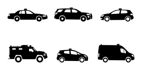 Police Car Icons, Law Enforcement Vehicles, Security Transport Set, Black Silhouettes © Aditya