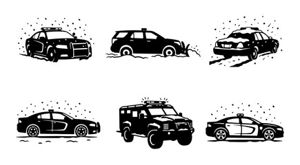 Police Car Vector Icons, Law Enforcement Vehicles Set, Black and White Patrol Cars Collection © Aditya
