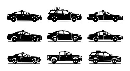 Police Car Icons, Law Enforcement Vehicle Collection, Black Silhouette Set, Security Service Transport © Aditya