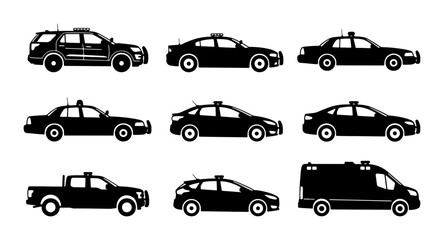 Black Silhouette Car Icons: Police, Taxi, Ambulance, SUV, Sedan, Pickup Truck, Van © Aditya