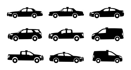 Police Car Icons, Law Enforcement Vehicle Silhouettes, Emergency Service Fleet Vector Set © Aditya