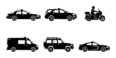 Emergency Vehicle Icons, Police Car, Ambulance, Motorcycle, SUV Silhouettes © Aditya