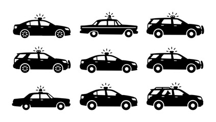 Police Car Icons Collection, Law Enforcement Vehicle Set, Emergency Service Vector Graphics © Aditya