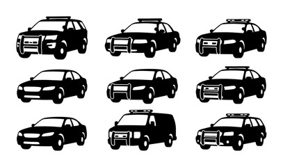 Police Car Icons, Law Enforcement Vehicle Set, Black Silhouette Vector Graphics for Security and Justice Themes © Aditya
