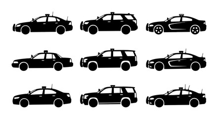 Police Car Icons, Law Enforcement Vehicle Silhouettes, Security Patrol Vector Set © Aditya