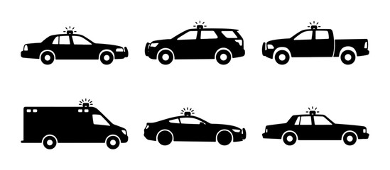 Emergency Vehicle Icons: Police Cars, Ambulance, Pickup Truck, Sedan, SUV Silhouettes © Aditya