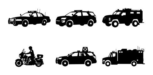 Police Vehicle Icons, Law Enforcement Transport Set, Emergency Service Fleet Vector Collection © Aditya