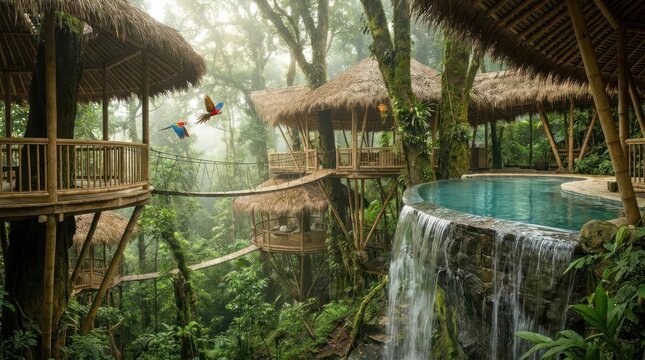 Luxury treehouse resort with jungle waterfall and pool.