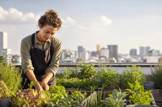 Person tending vegetables in an urban rooftop garden