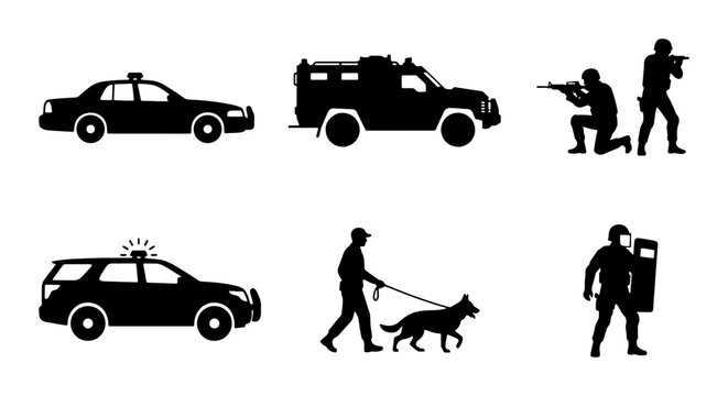 Police and Security Icons: Law Enforcement Vehicles, Officers, K9 Unit, SWAT Team